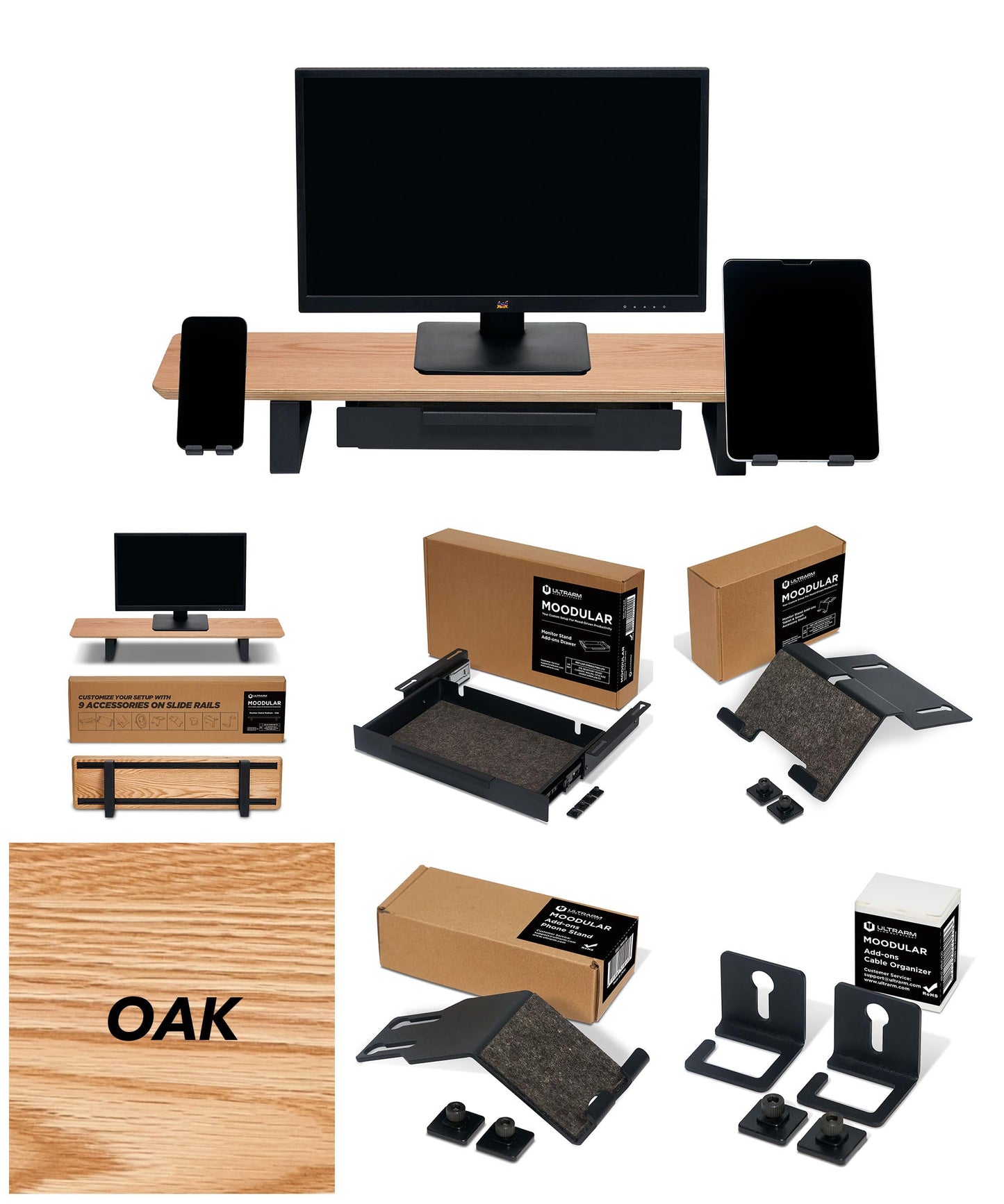 ULTRARM Moodular Wooden Monitor Stand Oak with Add-on Accessories Storage Drawer, Tablet Stand, Phone Stand, Cable Organizer
