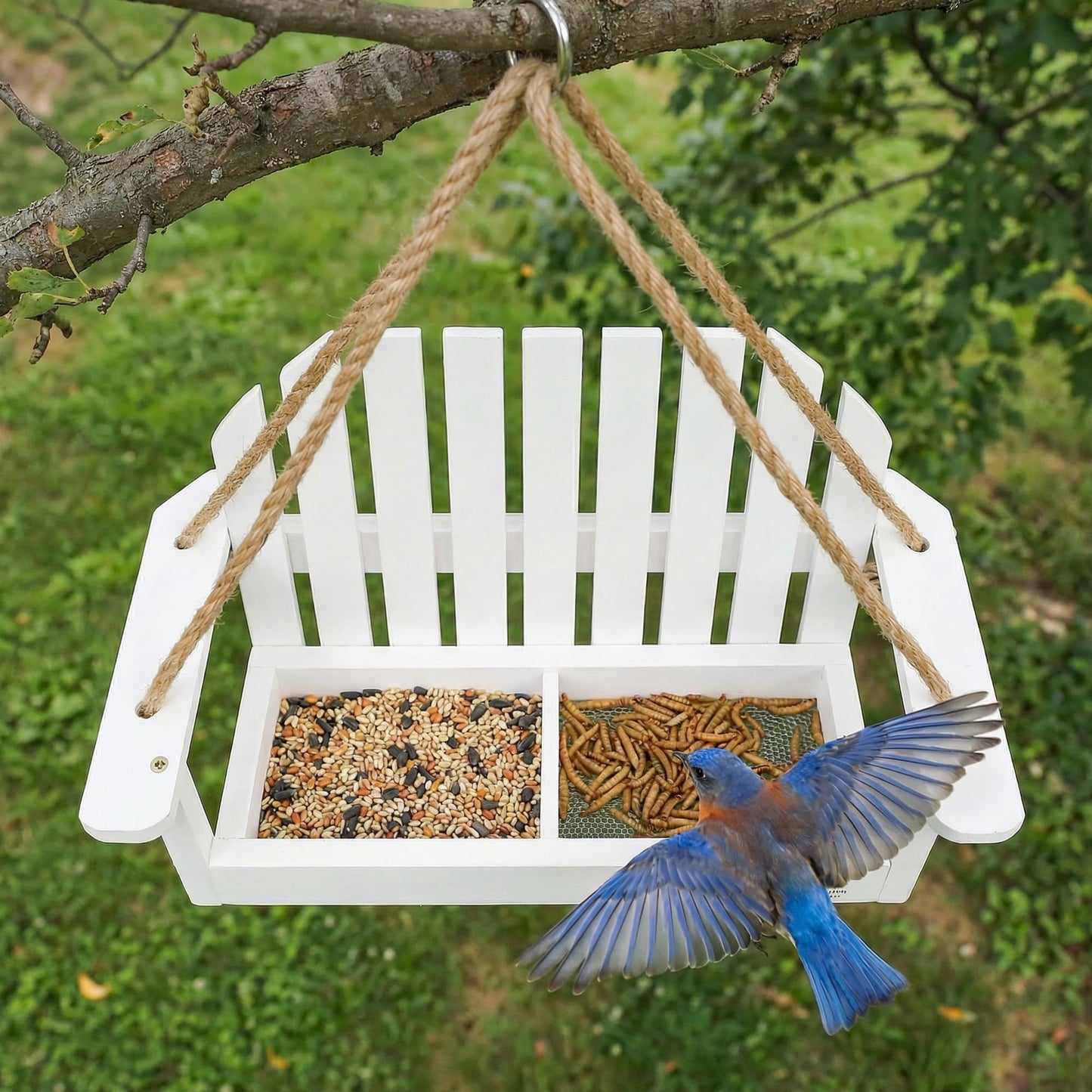 Solution4Patio White Swing Bird Feeder, Squirrel-Proof Metal Mesh Tray with Bench Design, High-Capacity Rust-Resistant Hanging Bird Feeder for Porch & Yard Décor – Easy Fill & Clean