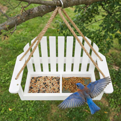 Solution4Patio White Swing Bird Feeder, Squirrel-Proof Metal Mesh Tray with Bench Design, High-Capacity Rust-Resistant Hanging Bird Feeder for Porch & Yard Décor – Easy Fill & Clean