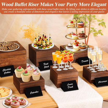 Qinzave 7 Pack Wooden Risers Display Stands with Acrylic Maker Pen and Mini Sign, Food Risers for Buffet Table Shelf Display Stand for Party Catering Dessert Cupcake Jewelry