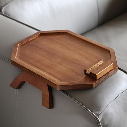 BAMBOO LAND- Couch Arm Tray, Wooden Folding Couch Armrest Table, Octagonal Clip-On Sofa Arm Tray with 360° Rotating Phone Holder