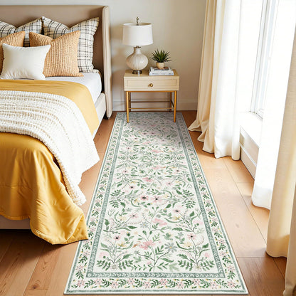 SHACOS Floral Runner Rug for Hallways, Non Slip 2'6"x8' Washable Boho Runner Rugs with Rubber Backing, Soft Floral Low-Pile Carpet for Laundry Kitchen Living Room Nursery Bedroom Indoor, Green