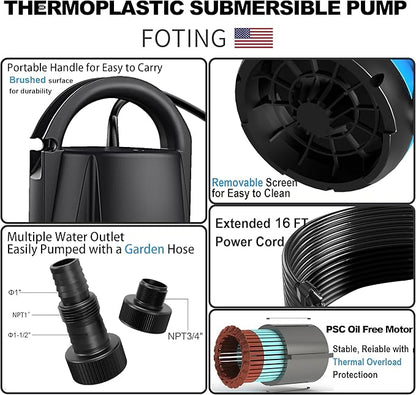 FOTING Sump Pump 1HP Clean/Dirty Submersible Water Pump,4600GPH Utility Pump Thermoplastic Electric Portable Transfer Water Pump for Swimming Pool Pond Basement with 10ft Power Cord,Auto