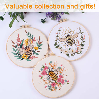 REEWISLY 3 Pack Embroidery Starter kit Patterns, DIY Adult Cross Stitch Kits Beginner, Including 3 Plastic Embroidery Rings, 1 Scissors, Colored Threads,Needles and Instructions