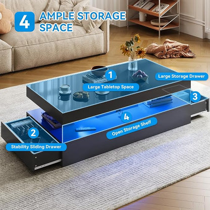 47” High-Glossy LED Coffee Table with 2 Sliding Drawers, Living Room Storage Coffee Tables, Modern Stylish Double-Layer Center Tables with LED Lights, Black