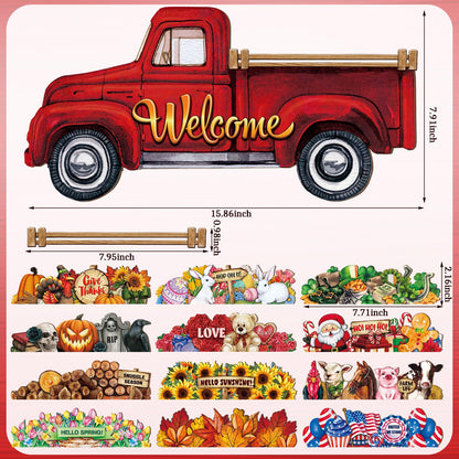 Ferraycle 13 Pcs Fall Interchangeable Welcome Sign, Red Truck Door Hanger with 12 Seasonal Signs, Holiday Christmas Rustic Farmhouse Front Door Decor