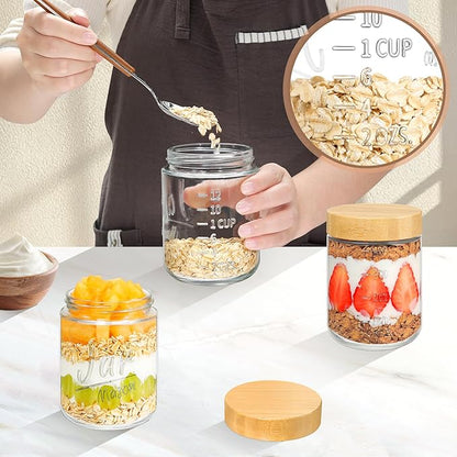 Xyptorix Glass Overnight Oats Containers with Lids (6-Pack), 16 oz Mason Jars with Bamboo Lids for Meal Prep, Chia Seed Pudding, Yogurt & Oatmeal - Airtight Food Storage Jars for Breakfast On-the-Go