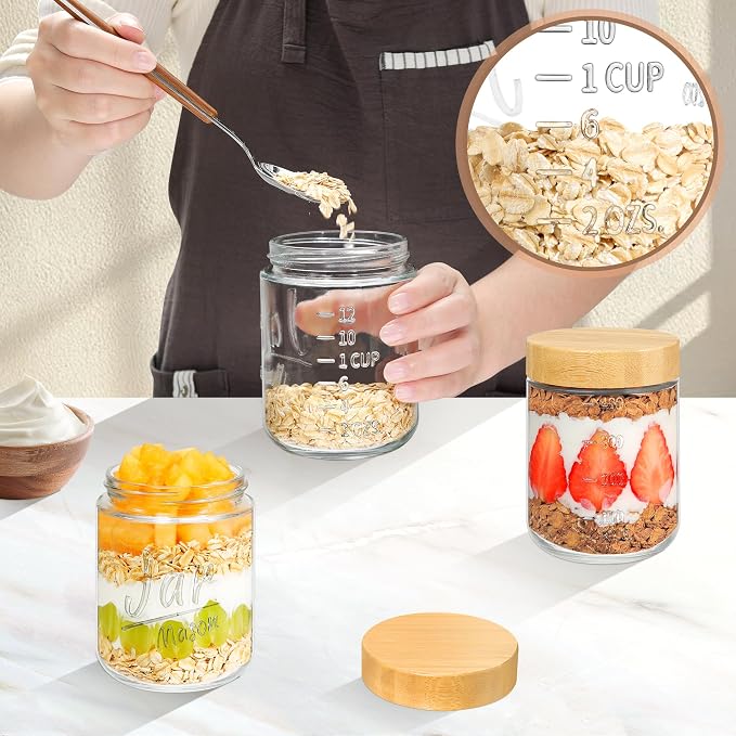 Xyptorix Glass Overnight Oats Containers with Lids (4-Pack), 16 oz Mason Jars with Bamboo Lids for Meal Prep, Chia Seed Pudding, Yogurt & Oatmeal - Airtight Food Storage Jars for Breakfast On-the-Go