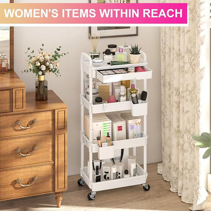Goovilla 4 Tier Rolling Utility Cart Organizer with Removable Drawer, Stable and Sturdy White Rolling Storage Carts with 2 Lockable Wheels for Bathroom, Kitchen, Snack, Craft, Makeup, Baby Essentials