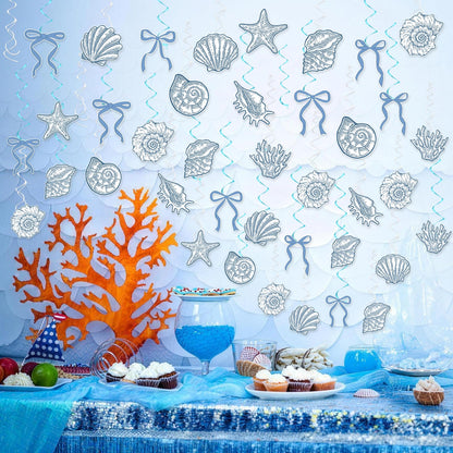 60PCS Blue Bow Starfish Seashell Hanging Swirls Beach Party Decoration Coastal Hanging Streamers for Summer Mermaid Birthday Under the Sea Party Bachelorette Wedding Favors