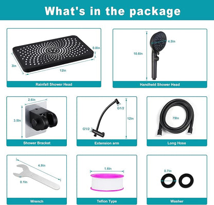 Rain Shower Heads with Handheld Spray Combo,12In Fixed Showerhead&8-Mode Handheld Shower Head with 79 Inches Extra-long Stainless Steel Hose (Black)