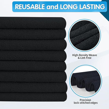 FIXSMITH Black Microfiber Cleaning Cloth -Pack of 8, Highly Absorbent Cleaning