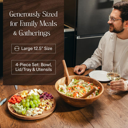 Public House Large Wooden Salad Bowl Set 12.5 Inch with Serving Utensils, Tray Lid and Carry Strap. Acacia Wood Large Salad Bowls Ideal for Fruits and Dishes, Wooden Bowls for Food, Serving Bowl