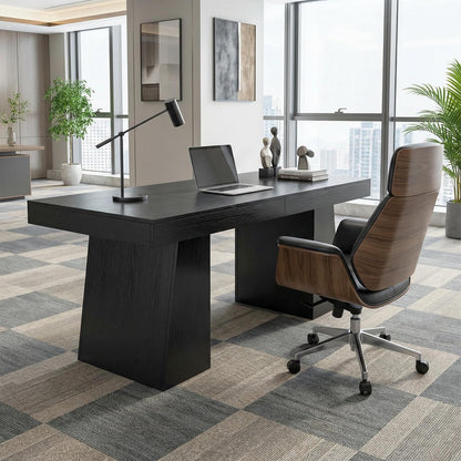 Garvee 55" Executive Desk, Mid-Century Modern Home Office Desks with Double Trapezoid Base, Wood Computer Desk Business Furniture Workstation Writing Table Conference Table, Black