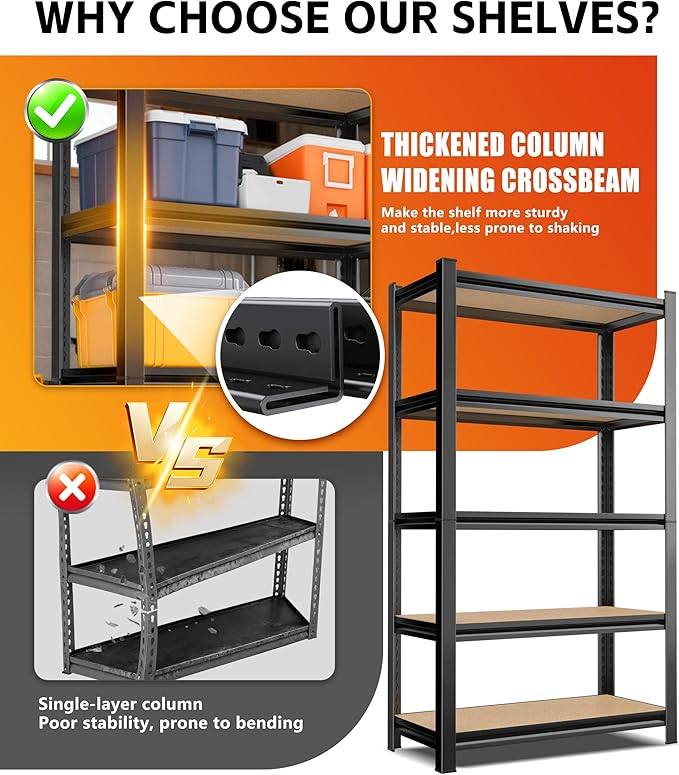 Set of 2 Garage Shelving Heavy Duty Storage Shelves, Metal Adjustable Shelving Unit, Utility Garage Organizer Shelf for Basement, Pantry, Kitchen, Warehouse, 15.7" Dx35.4 Wx71.2 H, Black