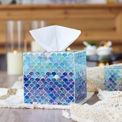 WDHODEC Mermaid Glass Tissue Box Cover Square Decorative Tissue Box Holder Handmade Wooden Tissue Box Cube for Living Room, Dining Room, Cafe, Hotel, Office