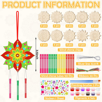 JellyArch 30 Pack Spring Mandala Wind Chime Making Crafts Kit for Adults, Make Your Own Wind Chime Bulk Wooden Hanging Ornaments for DIY Activity Birthday Summer Decoration