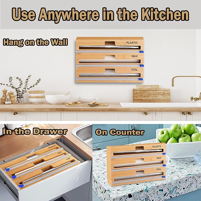 Foil and Plastic Wrap Organizer with Kitchen Aluminum Foil Holder, Cling Plastic Wrap Dispenser with Cutter and Labels, Bamboo Kitchen Wrap Organizer (3 in 1)