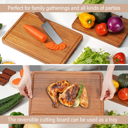 Relxinke Solid Teak Wood Cutting Board One Piece Non Glued Thick Crack Resistant Wooden Chopping Board with DeepJuice Grooves Built in Handles for Kitchen Meat Vegetable 12x8 IN