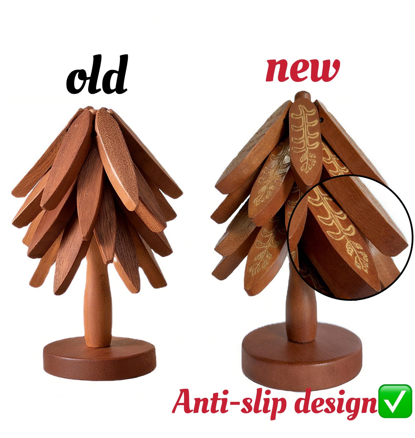 Wooden Trivets for Hot Dishes, Tree Shape Trivet Set, 4 Walnut Wood + 1 Stand stored Like a Christmas Tree,Foldable Kitchen Wooden Trivet,for Hot Dishes、Pot、Bowl、Teapot(Walnut Wood), Non-Slip Design