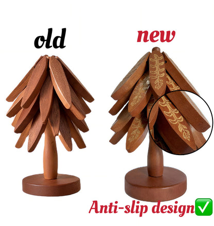 Wooden Trivets for Hot Dishes, Tree Shape Trivet Set, 4 Walnut Wood + 1 Stand stored Like a Christmas Tree,Foldable Kitchen Wooden Trivet,for Hot Dishes、Pot、Bowl、Teapot(Walnut Wood), Non-Slip Design