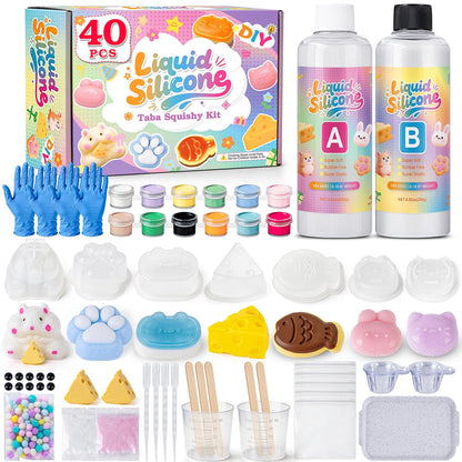 Taba Squishy Making Kit, DIY Taba Squishy Kit, 18oz FuFu Squishy 7 Molds Silicone, Liquid Silicone 1:1 AB Ratio Epoxy Resin Mix for Squishy, Stress Relief Taba Squishies, Gifts for Any Occasion