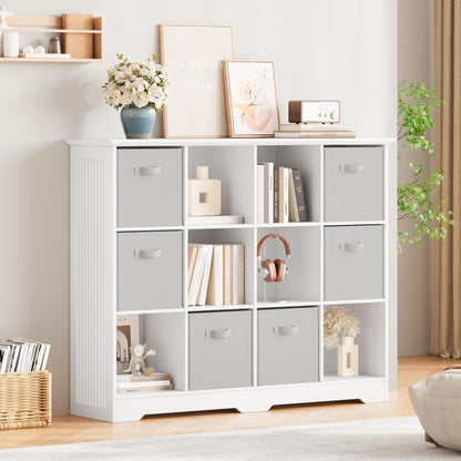 METOTI 12 Cube Storage Organizer Shelf, Wood Cubby Storage with 6 Fabric Drawers, 3 Tier Wooden Bookshelf with 2 Adjustable Shelves & Fluted Side Panels for Bedroom, Living Room, Home Office, Whtie