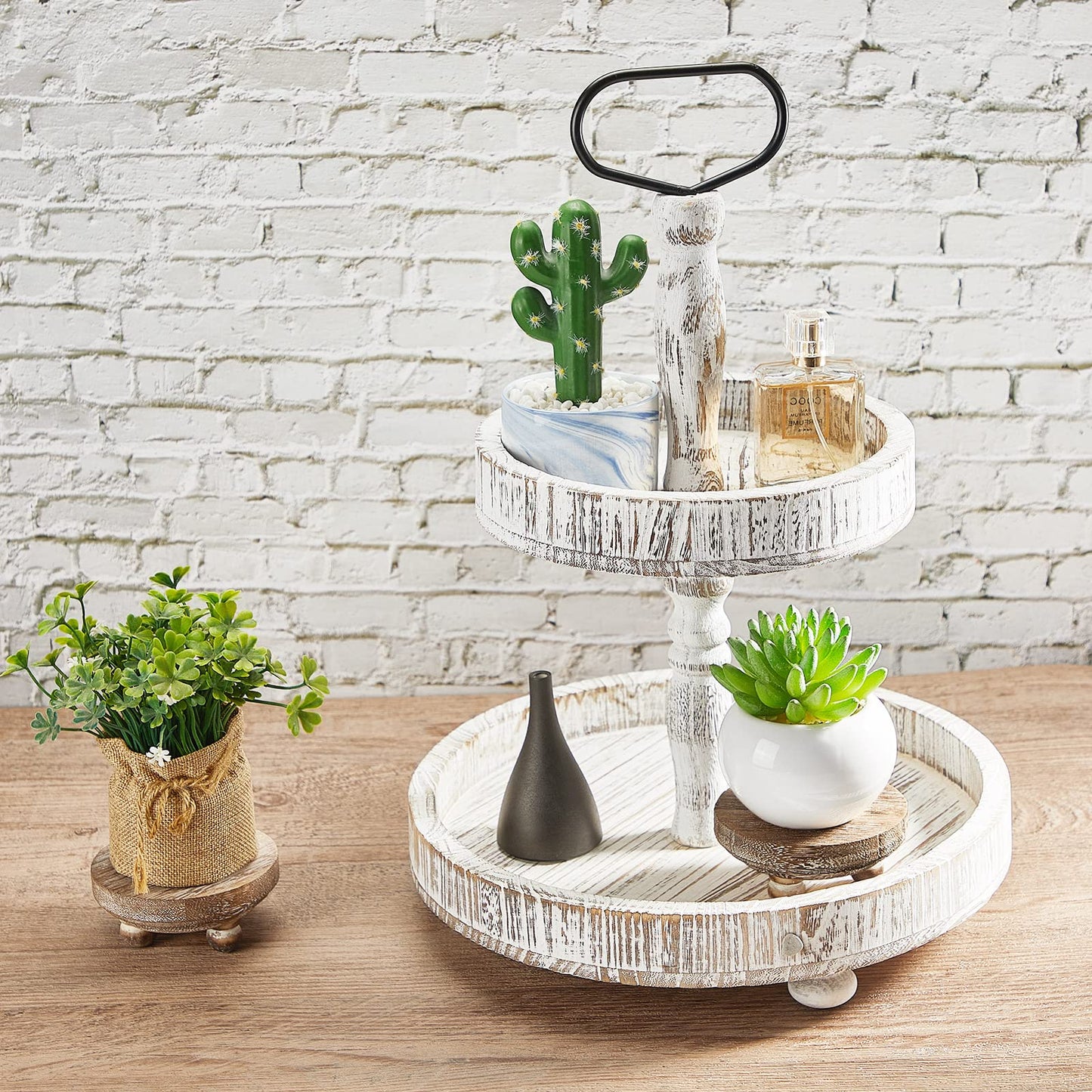 Yalikop Set of 4 Mini Wood Risers for Decor Round Wooden Riser Small Wooden Stool Display Decorative Farmhouse Rustic Wood Pedestal Stand for Plant Pot Tiered Tray Cake Food Home(Brown)