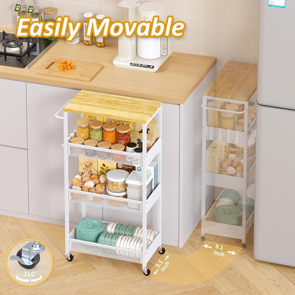 Vincona 9.1" Wide Slim Rolling Utility Cart, 4 Tier Metal Narrow Storage Cart with Handle and Wood Top, Multifunctional Small Mobile Shelf Unit Organizer Trolley for Laundry, Bathroom, Kitchen
