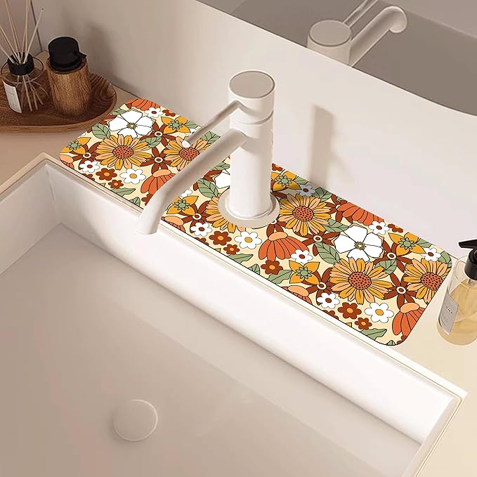 70s Retro Orange Floral Kitchen Sink Splash Guard Mat Absorbent Fast Drying Mat