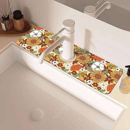 70s Retro Orange Floral Kitchen Sink Splash Guard Mat Absorbent Fast Drying Mat