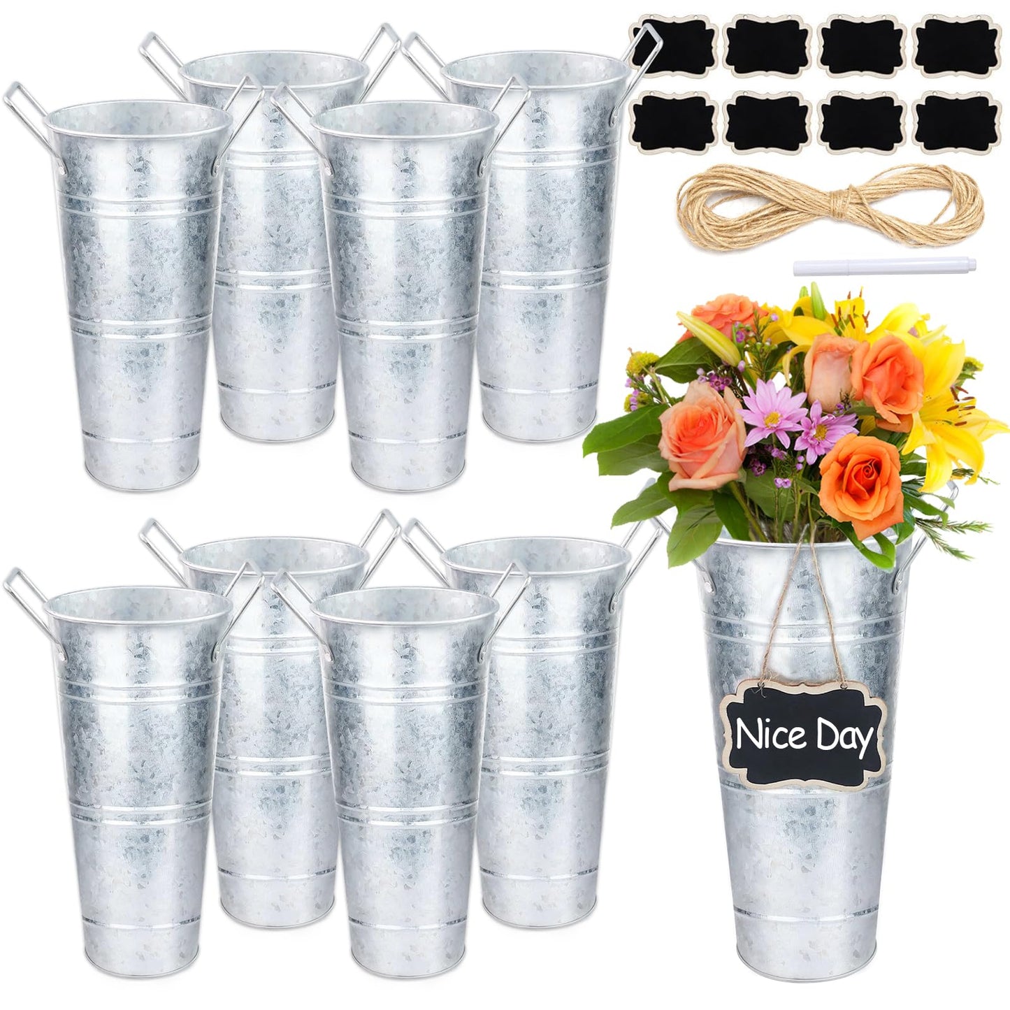 8Set Galvanized 10 Inch Metal Vases for Flowers, Rustic Flower Bucket Vases with Small Chalkboard Label, Metal Vase with Handle Flower Bar Supplies for Home Garden Wedding Cut Flowers Sparkler Holder