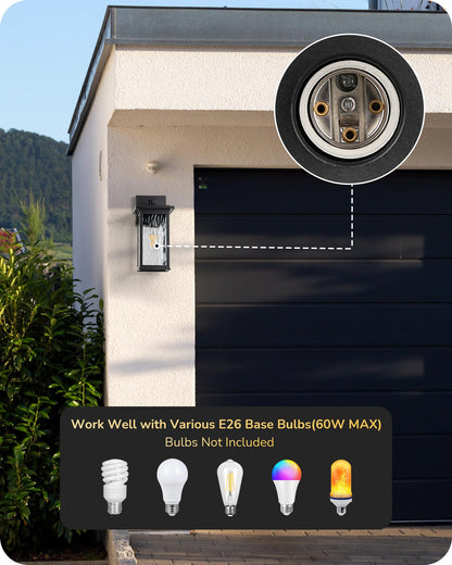 EDISHINE Outdoor Wall Light, Modern Dusk to Dawn Fixture, Aluminum, Black, Clear Water Ripple Glass, Model HOWL06T