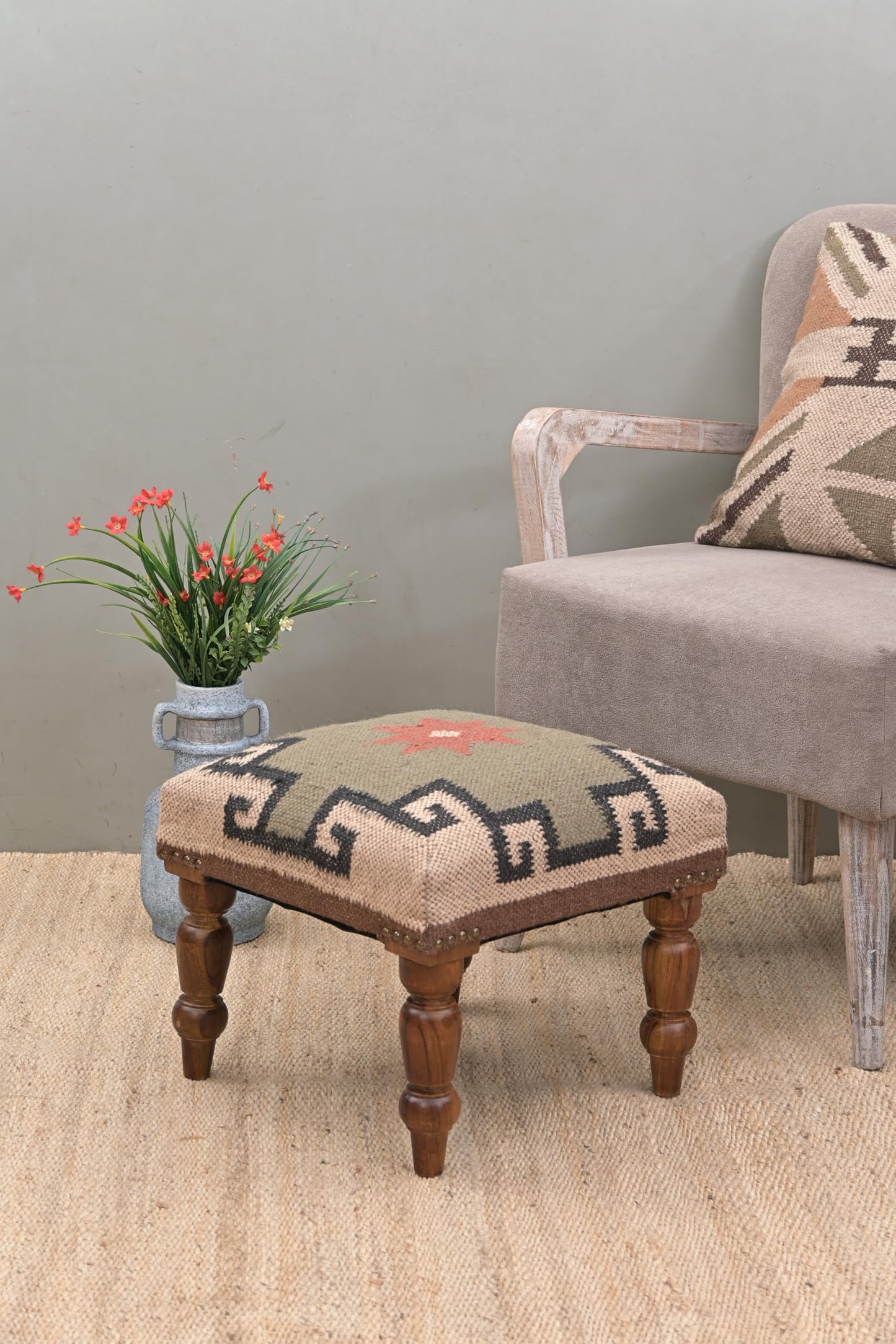 NATURAL FURNISH Solid Wood Upholstered Footstool | Handmade Southwestern Pattern Ottoman with Turned Wooden KD Legs | Decorative Accent Stool for Living Room, Entryway & End of Bed (Gray and Tan)