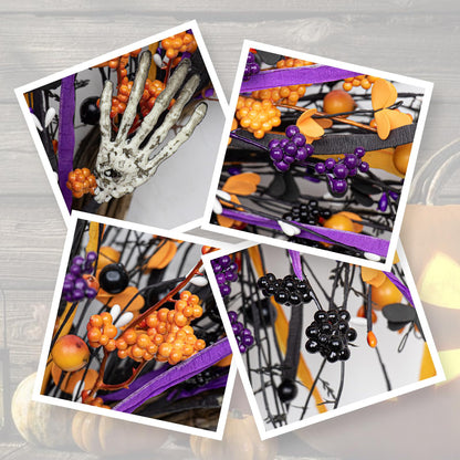 VioletEverGarden Halloween Wreaths for Front Door 22 Inch Skeleton Black Wreath Handmade Halloween Door Wreath with Purple and Orange Berries for Gothic Decorations