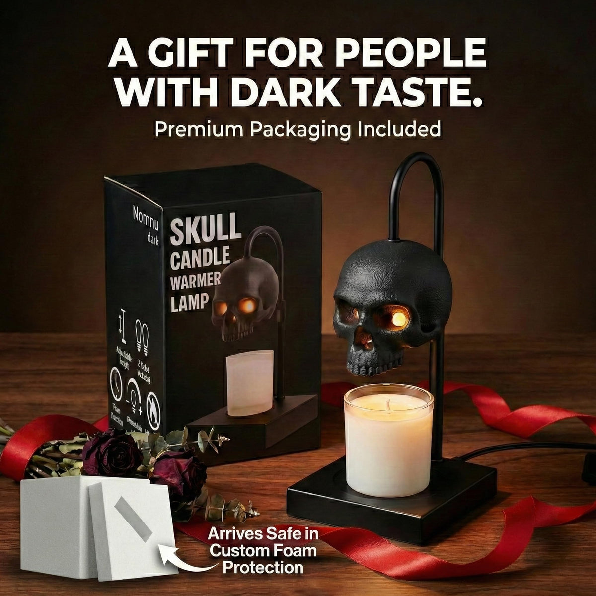 Skull Candle Warmer Lamp with Timer and Dimmer *Candles NOT Included – Black Gothic Candle Lamp Warmer w/ Adjustable Height, 2 Light Bulbs – Skull Decor, Goth Gothic Decor Spooky Home & Witchy Gifts