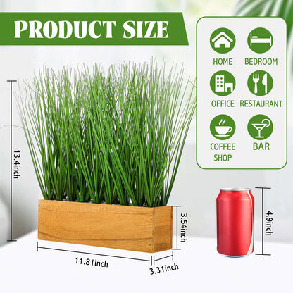 Luinabio 2 Pack 12 Inch Artificial Grass Plants in Acacia Solid Wood Planter Box Decorative Wooden Container with Faux Greenery Plant for Indoor Home Table Rustic Decor