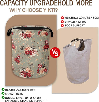 Red Rose Flowers Laundry Hamper, Vintage Floral Clothes Hamper