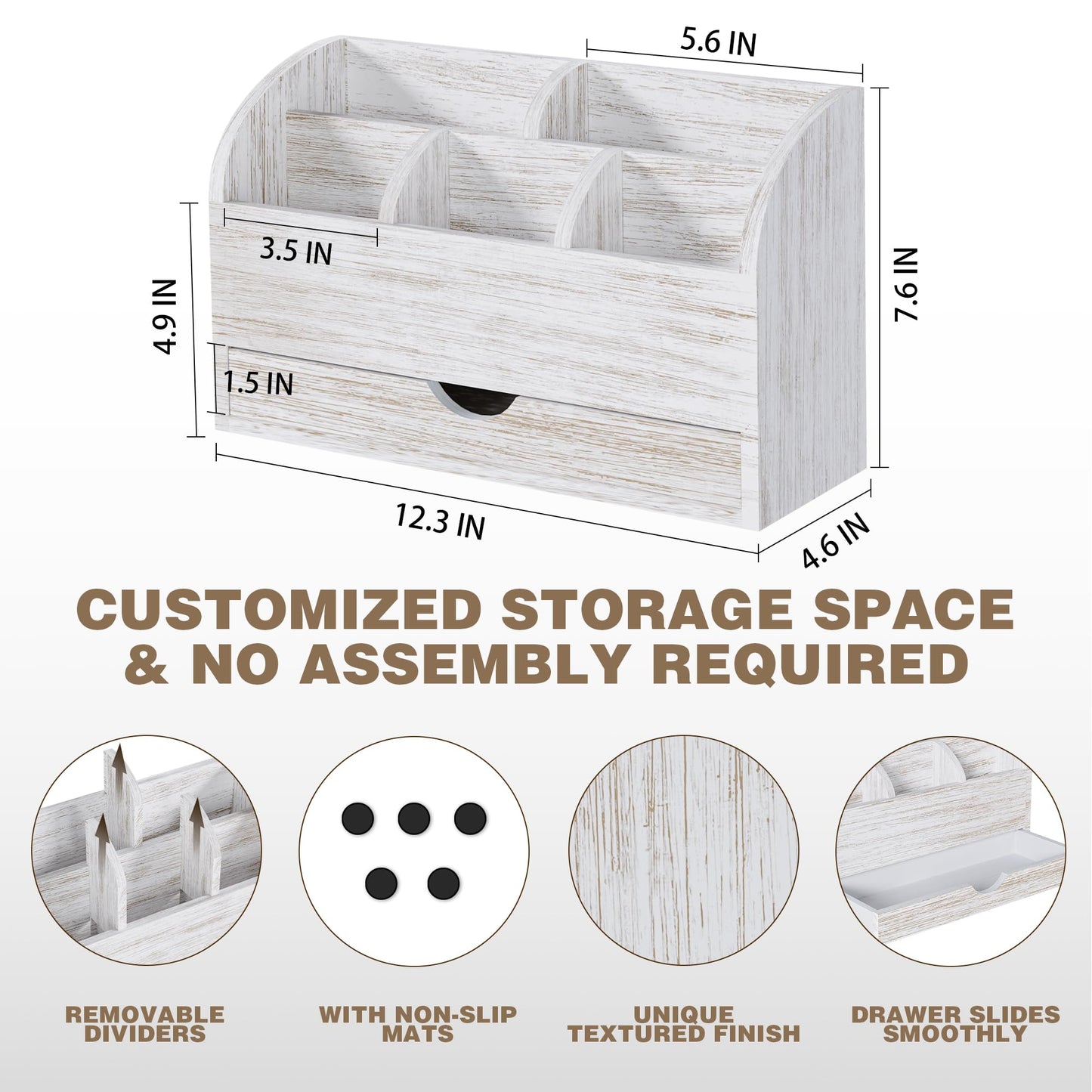 SeekElegant Wood Mail Organizer with Drawer & Pen Holder, White Mail Holder with 5 Detachable Compartments, Desk Organizer for Bill Envelope Storage, for Office Entryway Kitchen Countertop