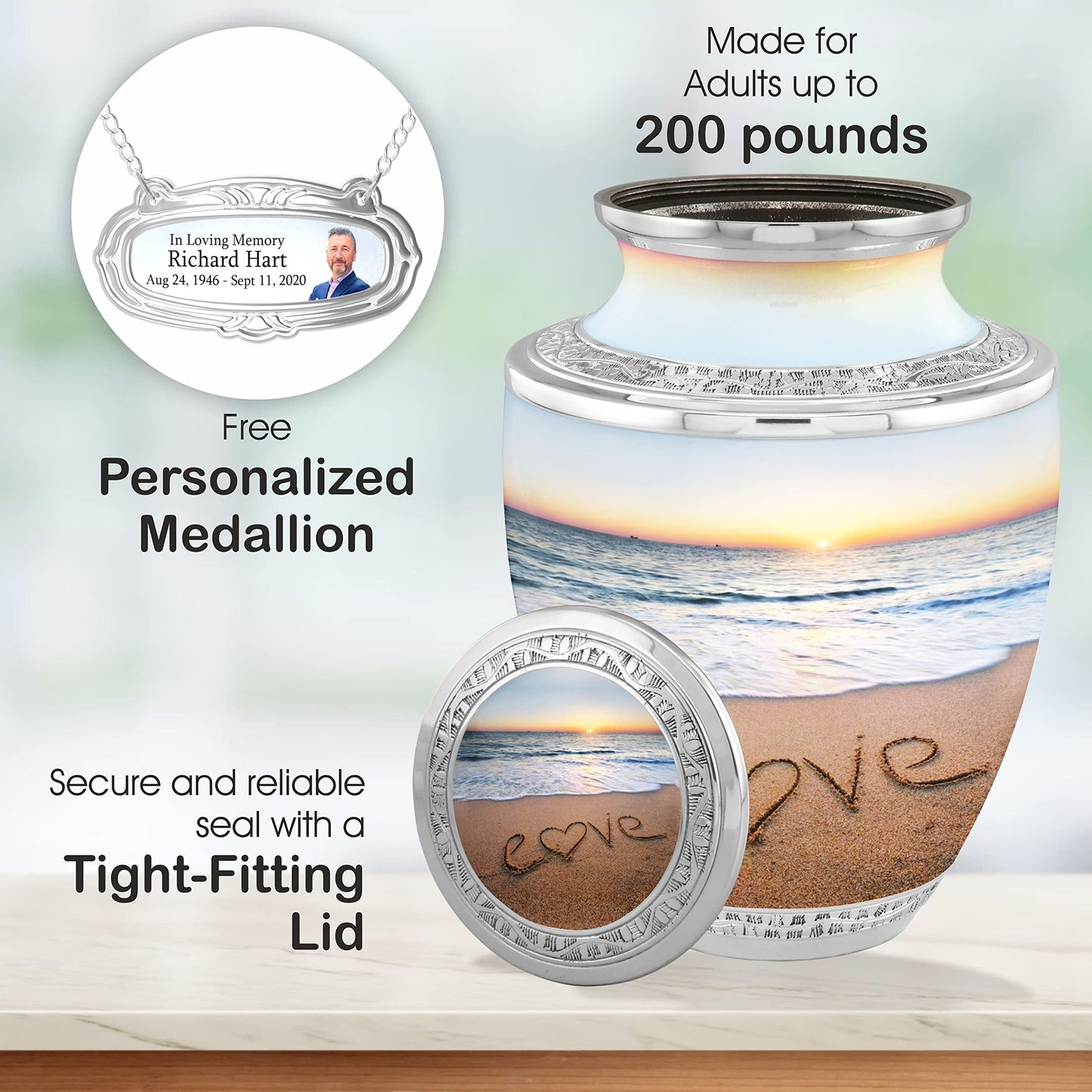 The Loving Memorials Personalized Medallion Love Beach Cremation Urns Adult Ashes Male Female - 200lbs Burial Urns Human Ashes - Handcrafted Funeral Decorative Urns Ashes Adult Male Velvet Bag