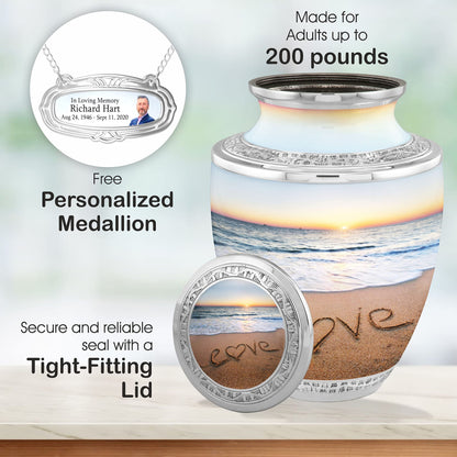 The Loving Memorials Personalized Medallion Love Beach Cremation Urns Adult Ashes Male Female - 200lbs Burial Urns Human Ashes - Handcrafted Funeral Decorative Urns Ashes Adult Male Velvet Bag
