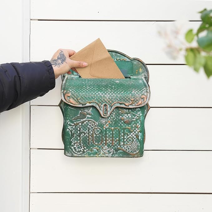 BIG FORTUNE Wall Mount Mailbox for House Outside Vintage Metal Door Mailbox Antique Style Nostalgic Charm Home Decor Garden Vintage English Cottage Decor Flower Patter (Green)