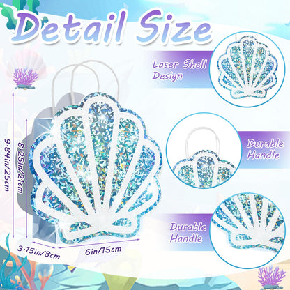 Sariiraw 16 Pack Mermaid Party Favor Bags with Handles, Holographic Seashell Goodie Bags for Under The Sea Theme Party Decorations, Mermaid Birthday, Baby Shower Supplies, 6"x3.1"x9.8"
