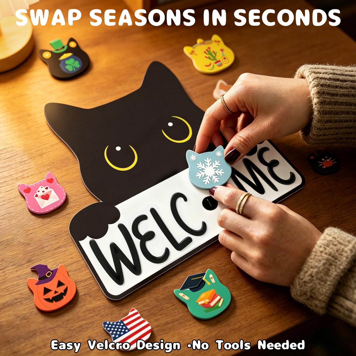 ZenDecor Cute Cat Interchangeable Welcome Home Sign for Front Door, Farmhouse Wooden Door Hanger with 18 Seasonal Icons, Porch, Entryway & Wall Decor, Housewarming Gift