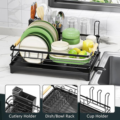 Epicano Dish Drying Rack for Kitchen Counter,Black,Large Capacity | Raised Feet,Rustproof,Wooden Handle,Auto-Drainage System,Cup Holder & Knife Slots, Sink Storage Organizer