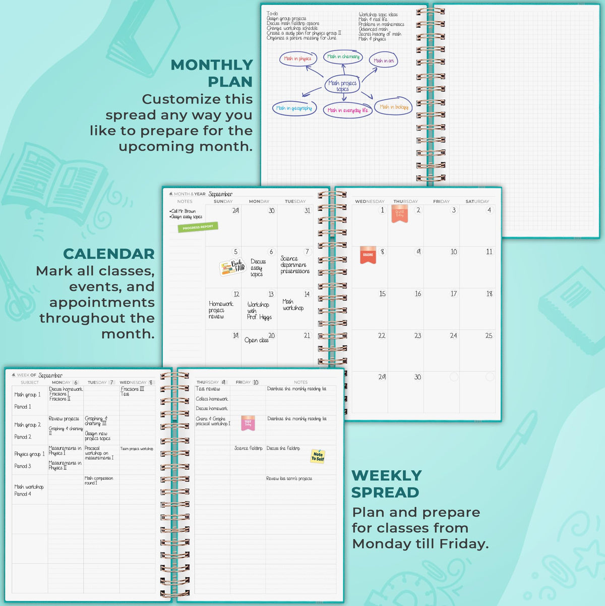 Clever Fox Teacher Planner Spiral – School Year Planner with Calendars & Lesson Plans – Teacher Plan Book for Classroom & Homeschool Organization - Undated, 7.9x10″ (Turquoise)