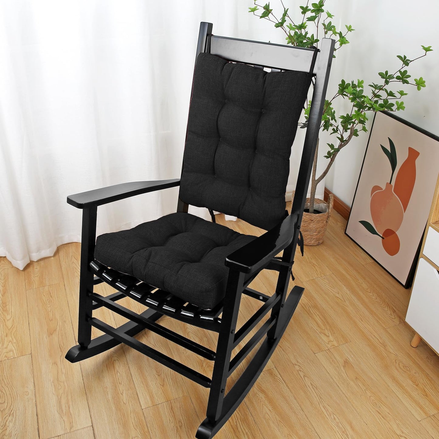 BUYUE Chair Cushion Set for Rocking Chair, Back Pillow & Seat Cushion with Ties, Original Woven Fabric Non-Slip Chair Pads for Elderly Sitting, Black