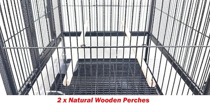 Elegant Sturdy Wrought Iron Bird Parrot Flight Cage Front Door Side Nesting Doors Acrylic Clear Bottom Prevent Food Spillage Storage Shelf Removable Rolling Stand Lockable Wheels