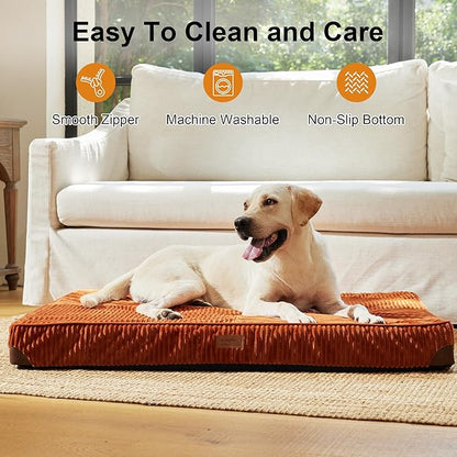 FUKUMARU Dog Bed, Thickened Corduroy Orthopedic Dog Beds with Washable Cover, XL Waterproof Dogs Bed for Crate, 28D Egg Crate Foam Support Pet Mat, Cozy Pet Bed Pad with Anti-Slip Bottom, Orange