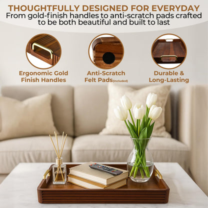 Acacia Wood Serving Tray with Metal Handles, 17x13in, Decorative Coffee Table Tray & Ottoman Tray, Anti-Slip Pads, Dark Wood Tray for Breakfast in Bed, Bar Tray, Gift Box